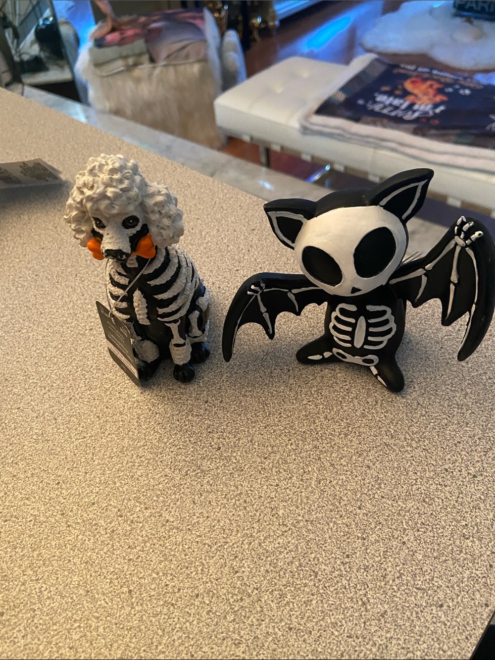 Halloween Skeleton Poodle & Bat Small Pet Figurines - Black & White